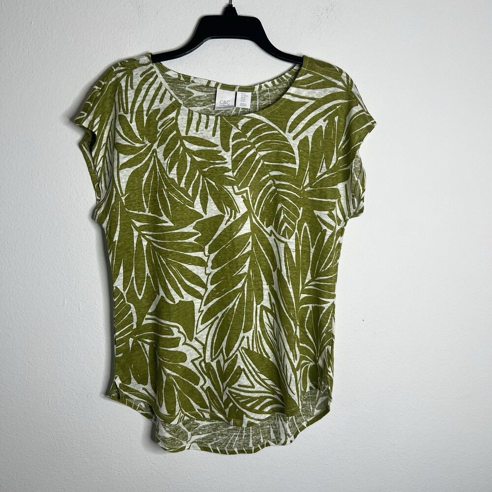 C&C California Womens Top 100% linen leaf Print short sleeve Blouse Size Medium